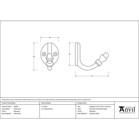 High quality image of From The Anvil - Beeswax Coat Hook | Sku. 33858 | Trade Door Handles, Kendal.