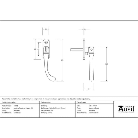 This is an image showing From The Anvil - Beeswax Locking Peardrop Espag - RH available from trade door handles, quick delivery and discounted prices