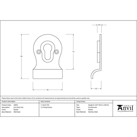 This is an image showing From The Anvil - Pewter Euro Door Pull available from trade door handles, quick delivery and discounted prices