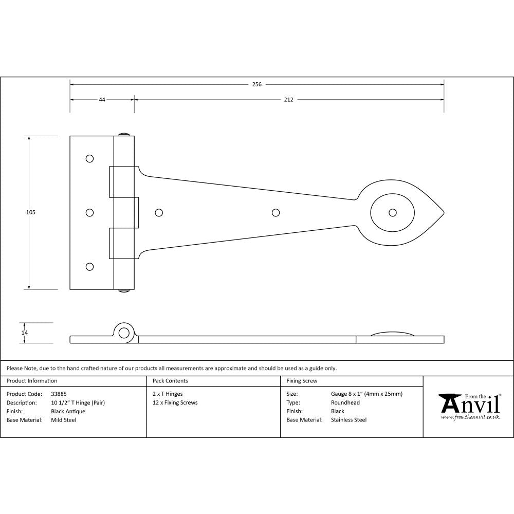 This is an image showing From The Anvil - Black Textured  10 1/2" Cast T Hinge (pair) available from trade door handles, quick delivery and discounted prices