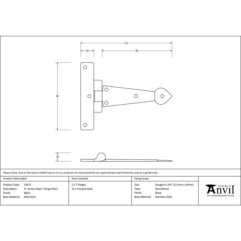 This is an image showing From The Anvil - Black 4" Arrow Head T Hinge (pair) available from trade door handles, quick delivery and discounted prices