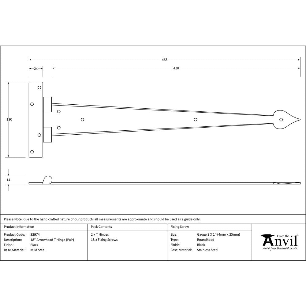 This is an image showing From The Anvil - Black 18" Arrow Head T Hinge (pair) available from trade door handles, quick delivery and discounted prices