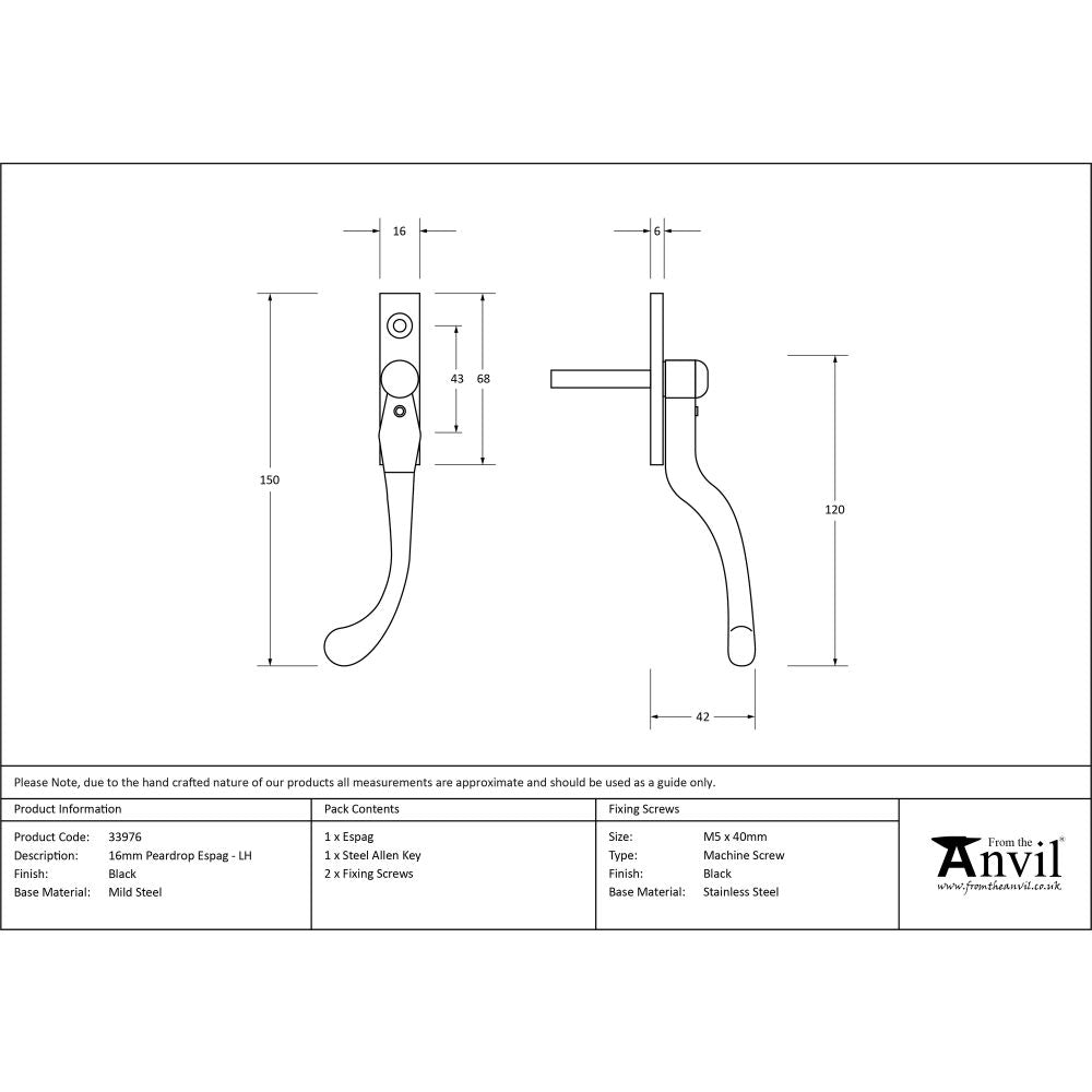 This is an image showing From The Anvil - Black 16mm Peardrop Espag - LH available from trade door handles, quick delivery and discounted prices