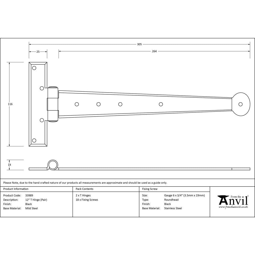 This is an image showing From The Anvil - Black 12" Penny End T Hinge (pair) available from trade door handles, quick delivery and discounted prices