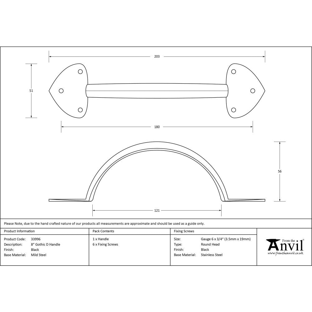 This is an image showing From The Anvil - Black 8" Gothic D Handle available from trade door handles, quick delivery and discounted prices