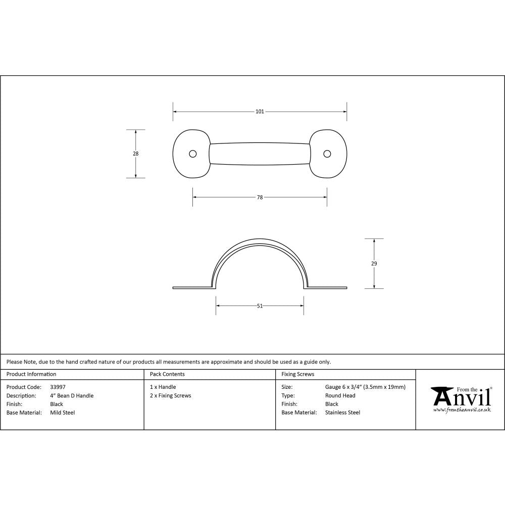 This is an image showing From The Anvil - Black 4" Bean D Handle available from trade door handles, quick delivery and discounted prices