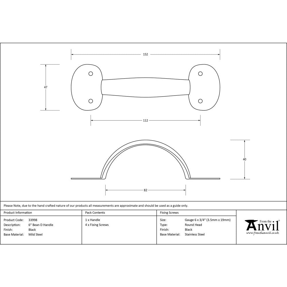 This is an image showing From The Anvil - Black 6" Bean D Handle available from trade door handles, quick delivery and discounted prices