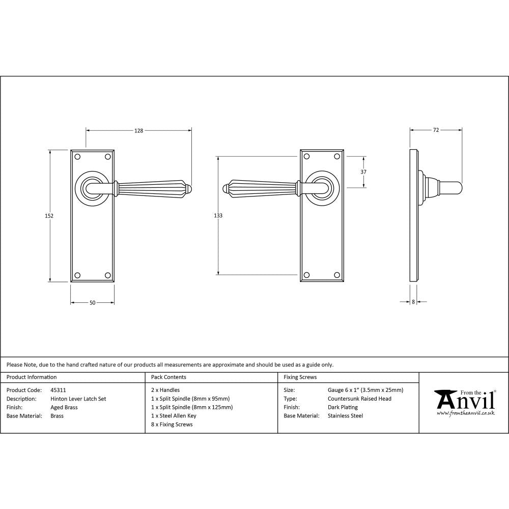 This is an image showing From The Anvil - Aged Brass Hinton Lever Latch Set available from trade door handles, quick delivery and discounted prices