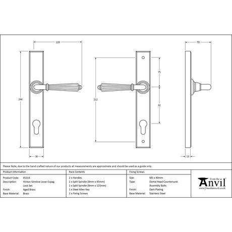 This is an image showing From The Anvil - Aged Brass Hinton Slimline Lever Espag. Lock Set available from trade door handles, quick delivery and discounted prices