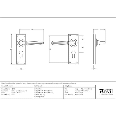 This is an image showing From The Anvil - Polished Chrome Hinton Lever Euro Lock Set available from trade door handles, quick delivery and discounted prices