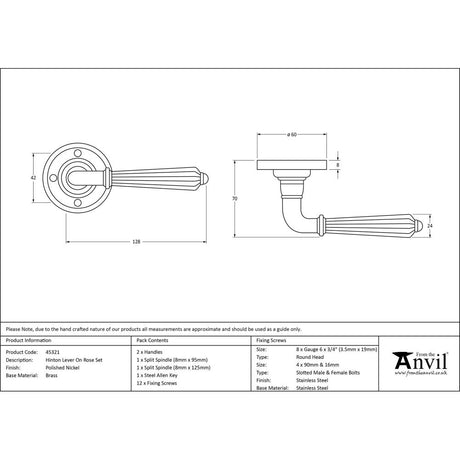 This is an image showing From The Anvil - Polished Nickel Hinton Lever on Rose Set available from trade door handles, quick delivery and discounted prices