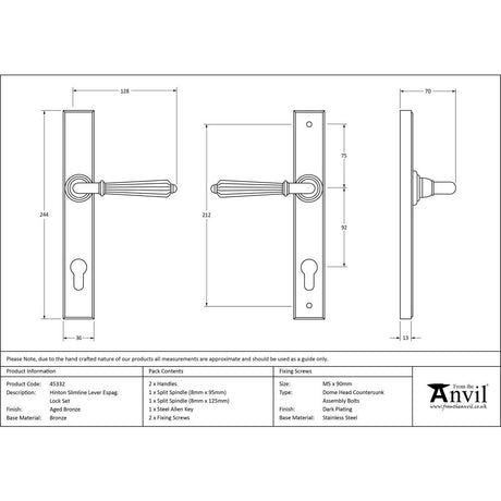 This is an image showing From The Anvil - Aged Bronze Hinton Slimline Lever Espag. Lock Set available from trade door handles, quick delivery and discounted prices