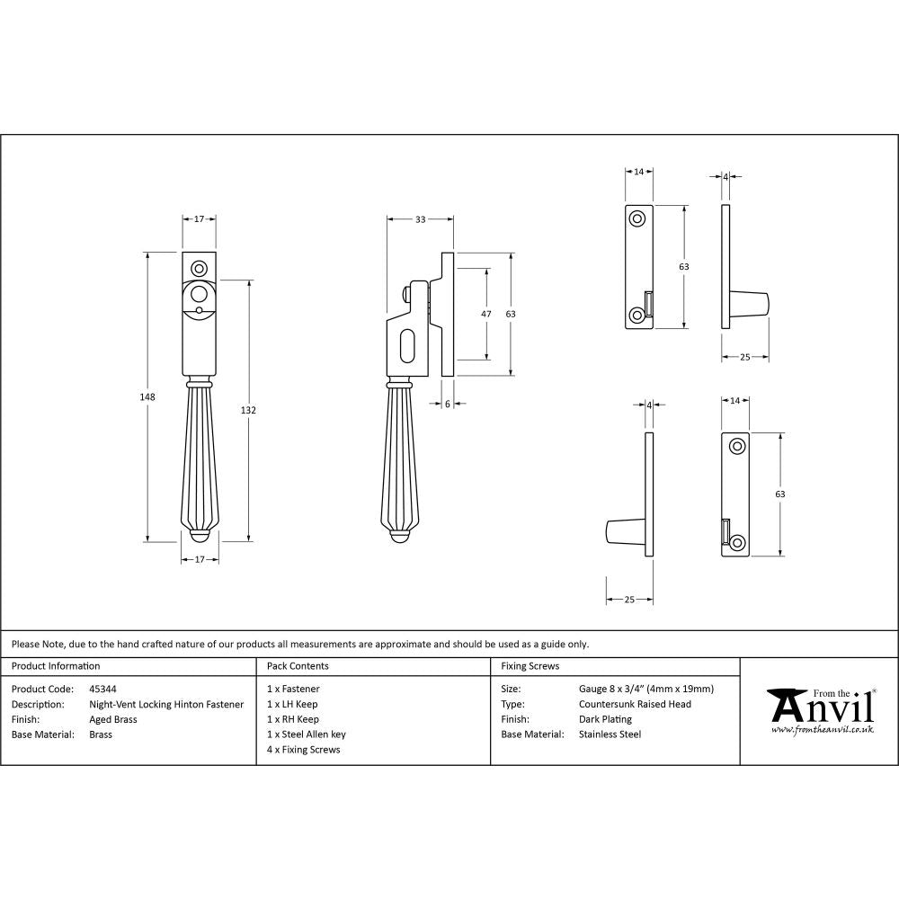 This is an image showing From The Anvil - Aged Brass Night-Vent Locking Hinton Fastener available from trade door handles, quick delivery and discounted prices