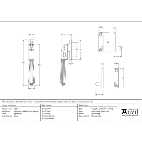 This is an image showing From The Anvil - Aged Brass Night-Vent Locking Hinton Fastener available from trade door handles, quick delivery and discounted prices