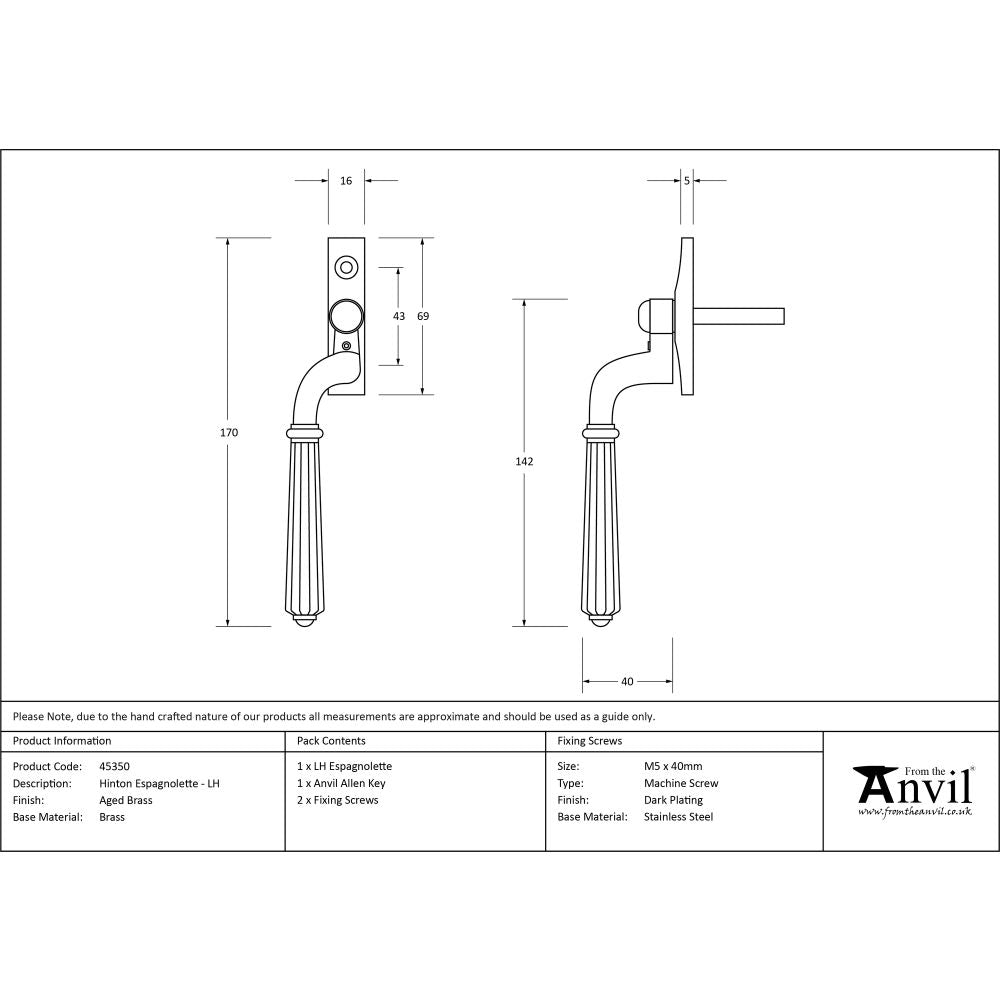 High quality image of From The Anvil - Aged Brass Hinton Espag - LH | Sku. 45350 | Trade Door Handles, Kendal.
