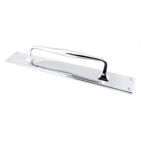 This is an image showing From The Anvil - Polished Chrome 425mm Art Deco Pull Handle on Backplate available from trade door handles, quick delivery and discounted prices