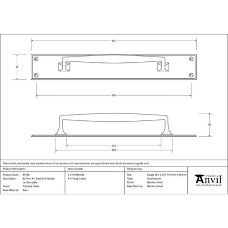 This is an image showing From The Anvil - Polished Nickel 425mm Art Deco Pull Handle on Backplate available from trade door handles, quick delivery and discounted prices