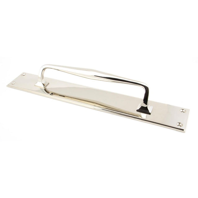 This is an image showing From The Anvil - Polished Nickel 425mm Art Deco Pull Handle on Backplate available from trade door handles, quick delivery and discounted prices