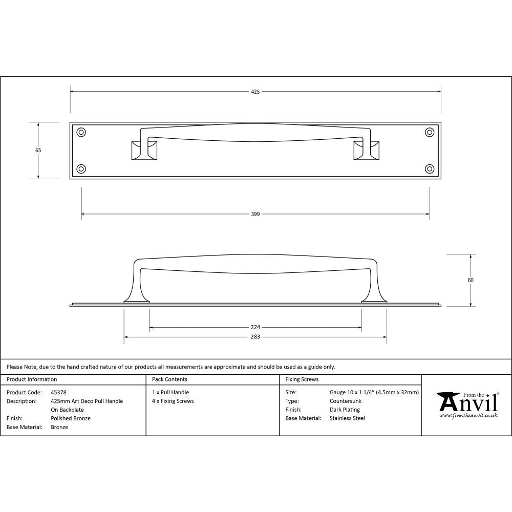 This is an image showing From The Anvil - Polished Bronze 425mm Art Deco Pull Handle on Backplate available from trade door handles, quick delivery and discounted prices