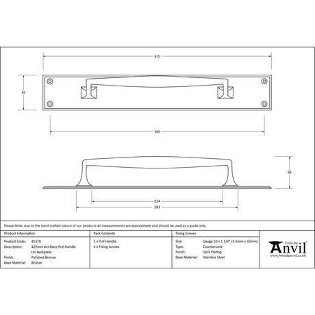 This is an image showing From The Anvil - Polished Bronze 425mm Art Deco Pull Handle on Backplate available from trade door handles, quick delivery and discounted prices