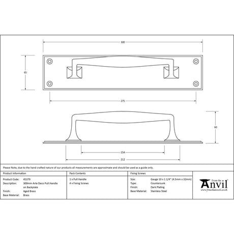 This is an image showing From The Anvil - Aged Brass 300mm Art Deco Pull Handle on Backplate available from trade door handles, quick delivery and discounted prices