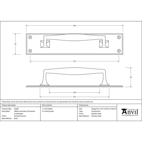 This is an image showing From The Anvil - Polished Chrome 300mm Art Deco Pull Handle on Backplate available from trade door handles, quick delivery and discounted prices