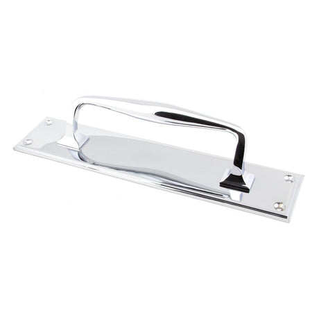 This is an image showing From The Anvil - Polished Chrome 300mm Art Deco Pull Handle on Backplate available from trade door handles, quick delivery and discounted prices