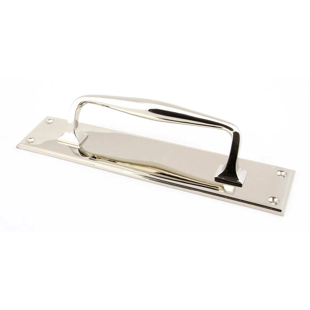 This is an image showing From The Anvil - Polished Nickel 300mm Art Deco Pull Handle on Backplate available from trade door handles, quick delivery and discounted prices