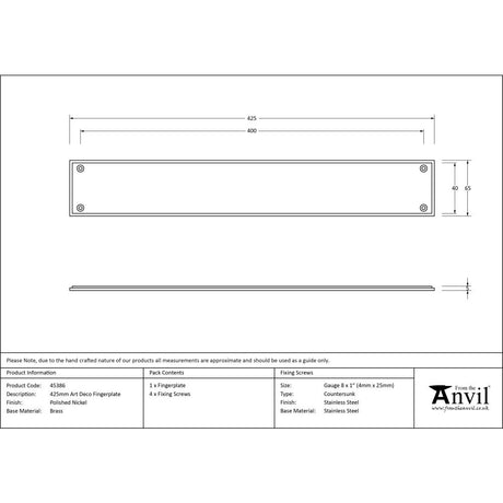 High quality image of From The Anvil - Polished Nickel 425mm Art Deco Fingerplate | Sku. 45386 | Trade Door Handles, Kendal.