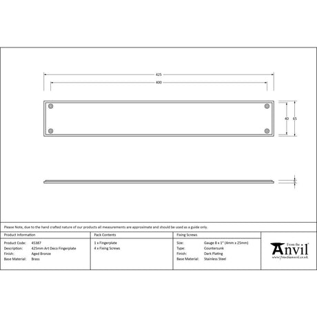 This is an image showing From The Anvil - Aged Bronze 425mm Art Deco Fingerplate available from trade door handles, quick delivery and discounted prices