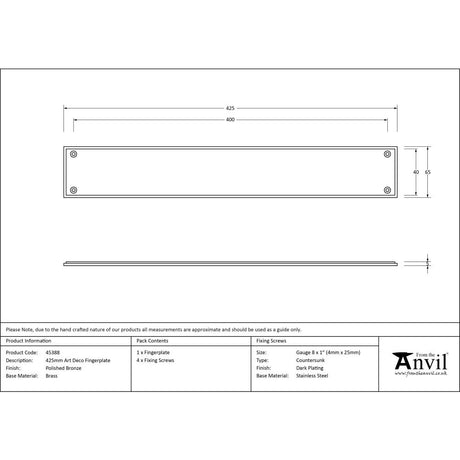 This is an image showing From The Anvil - Polished Bronze 425mm Art Deco Fingerplate available from trade door handles, quick delivery and discounted prices
