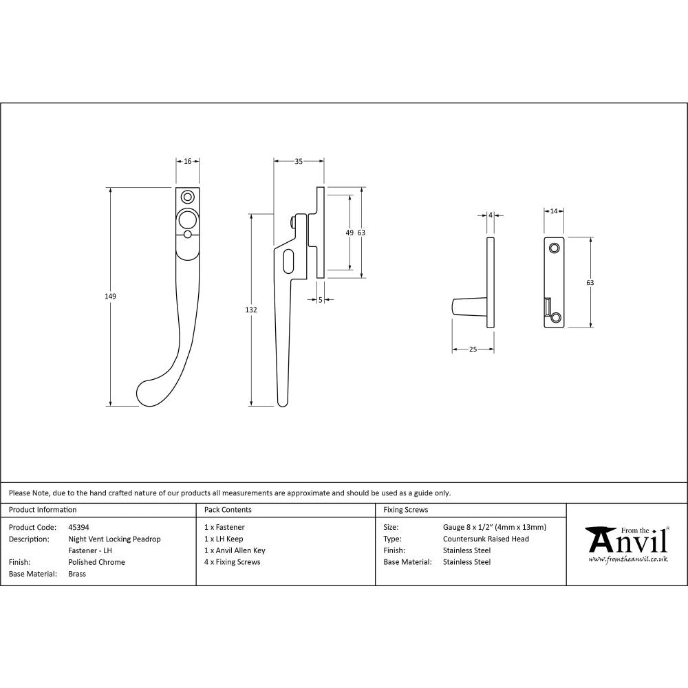 This is an image showing From The Anvil - Polished Chrome Night-Vent Locking Peardrop Fastener - LH available from trade door handles, quick delivery and discounted prices