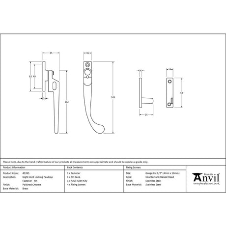 This is an image showing From The Anvil - Polished Chrome Night-Vent Locking Peardrop Fastener - RH available from trade door handles, quick delivery and discounted prices