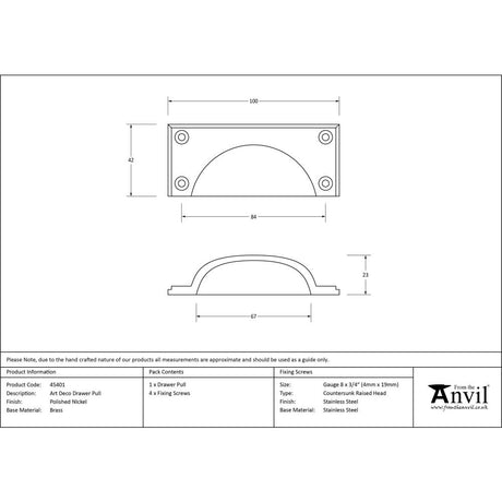 This is an image showing From The Anvil - Polished Nickel Art Deco Drawer Pull available from trade door handles, quick delivery and discounted prices