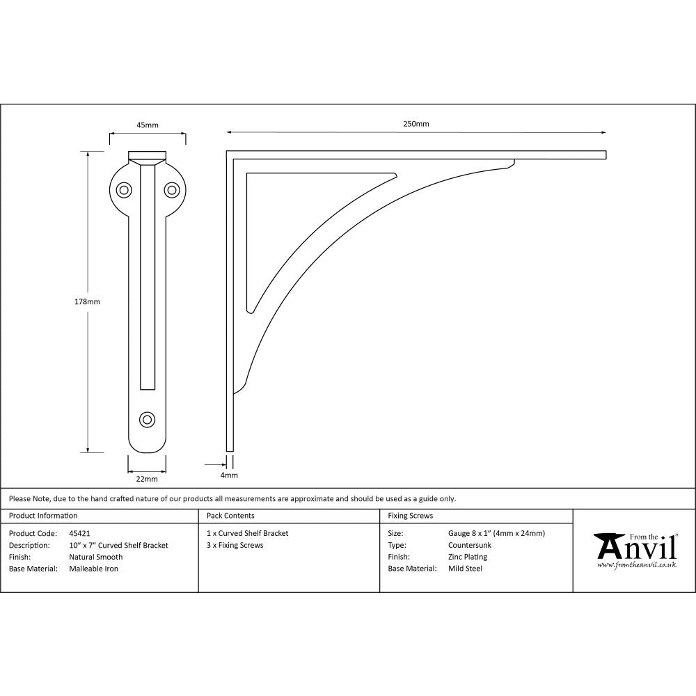 This is an image showing From The Anvil - Natural Smooth 10'' x 7'' Curved Shelf Bracket available from trade door handles, quick delivery and discounted prices