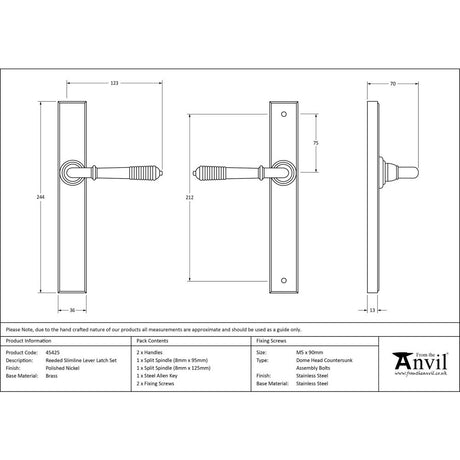 This is an image showing From The Anvil - Polished Nickel Reeded Slimline Lever Latch Set available from trade door handles, quick delivery and discounted prices