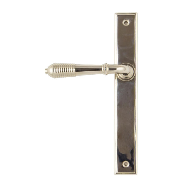 This is an image showing From The Anvil - Polished Nickel Reeded Slimline Lever Latch Set available from trade door handles, quick delivery and discounted prices