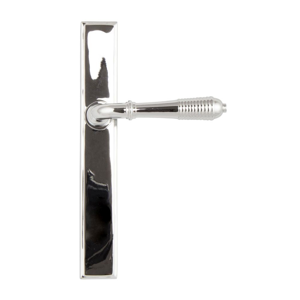 This is an image showing From The Anvil - Polished Chrome Reeded Slimline Lever Latch Set available from trade door handles, quick delivery and discounted prices