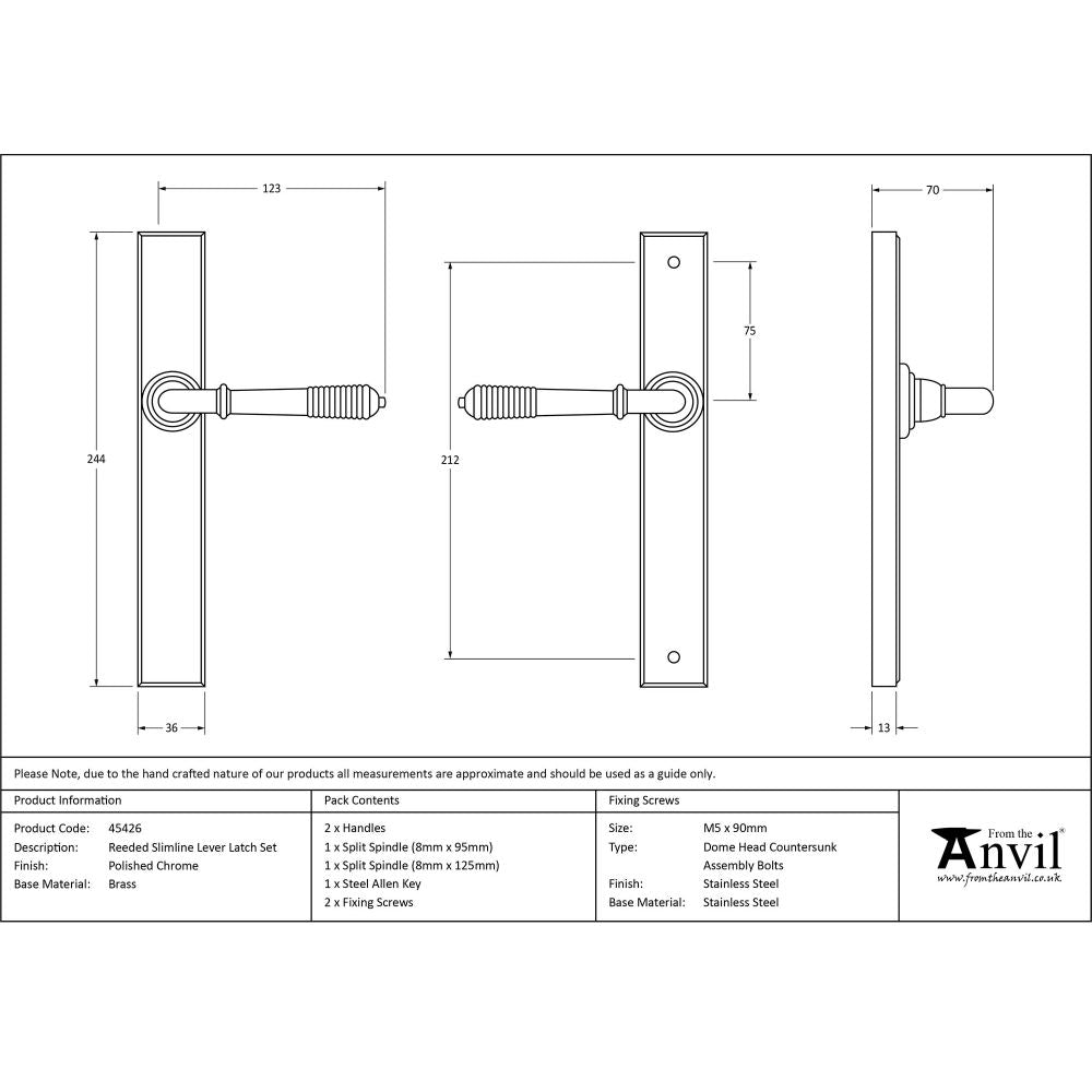 This is an image showing From The Anvil - Polished Chrome Reeded Slimline Lever Latch Set available from trade door handles, quick delivery and discounted prices