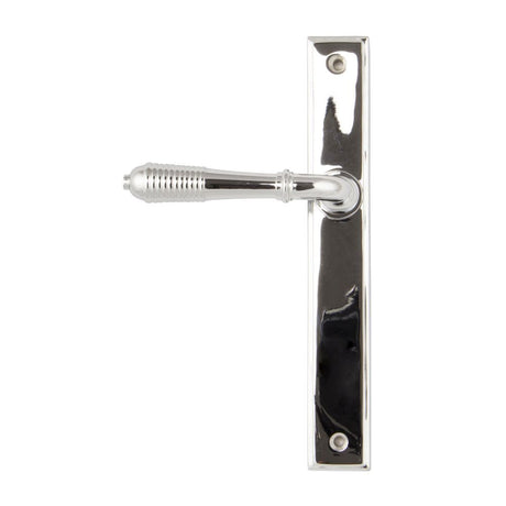 This is an image showing From The Anvil - Polished Chrome Reeded Slimline Lever Latch Set available from trade door handles, quick delivery and discounted prices