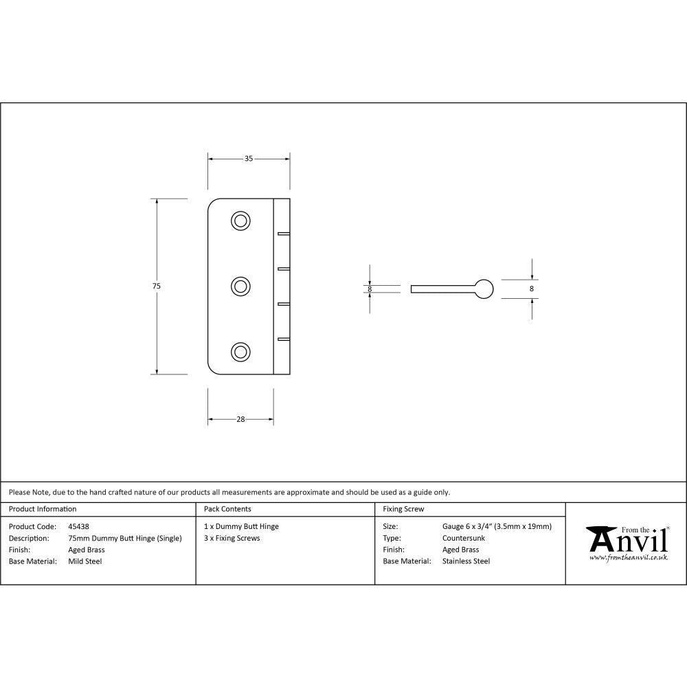 High quality image of From The Anvil - Aged Brass 3" Dummy Butt Hinge (Single) | Sku. 45438 | Trade Door Handles, Kendal.