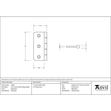 This is an image showing From The Anvil - Aged Brass 3" Dummy Butt Hinge (Single) available from trade door handles, quick delivery and discounted prices