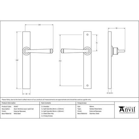 This is an image showing From The Anvil - External Beeswax Avon Slimline Lever Latch Set available from trade door handles, quick delivery and discounted prices