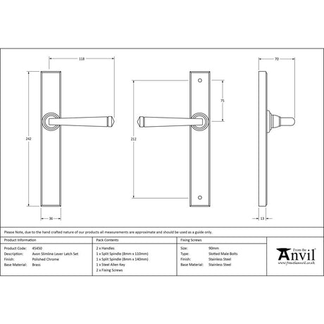 This is an image showing From The Anvil - Polished Chrome Avon Slimline Lever Latch Set available from trade door handles, quick delivery and discounted prices