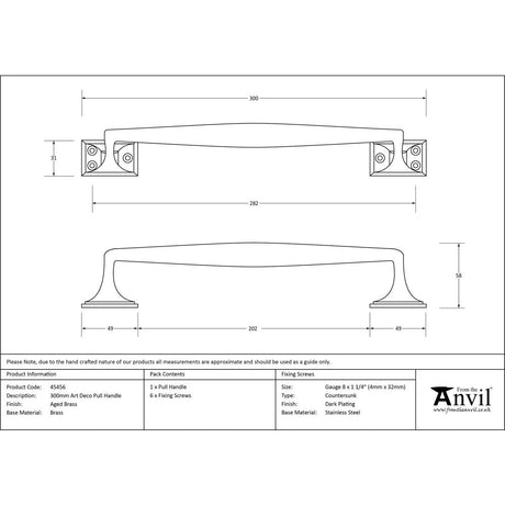 This is an image showing From The Anvil - Aged Brass 300mm Art Deco Pull Handle available from trade door handles, quick delivery and discounted prices