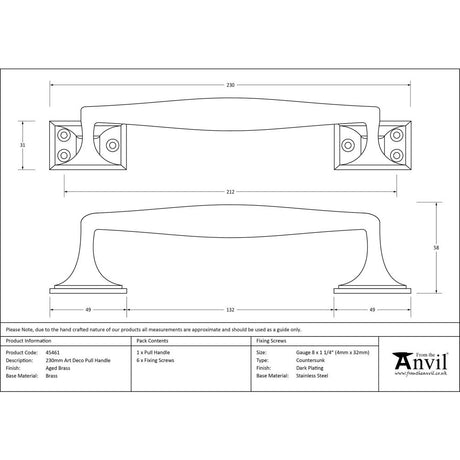 This is an image showing From The Anvil - Aged Brass 230mm Art Deco Pull Handle available from trade door handles, quick delivery and discounted prices