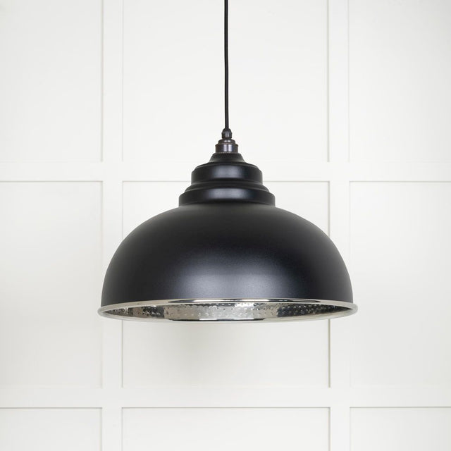 This is an image showing From The Anvil - Hammered Nickel Harborne Pendant in Elan Black available from trade door handles, quick delivery and discounted prices