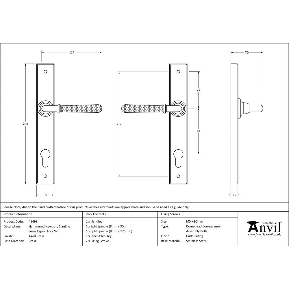 This is an image showing From The Anvil - Aged Brass Hammered Newbury Slimline Espag. Lock Set available from trade door handles, quick delivery and discounted prices