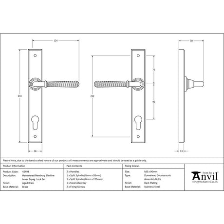 This is an image showing From The Anvil - Aged Brass Hammered Newbury Slimline Espag. Lock Set available from trade door handles, quick delivery and discounted prices