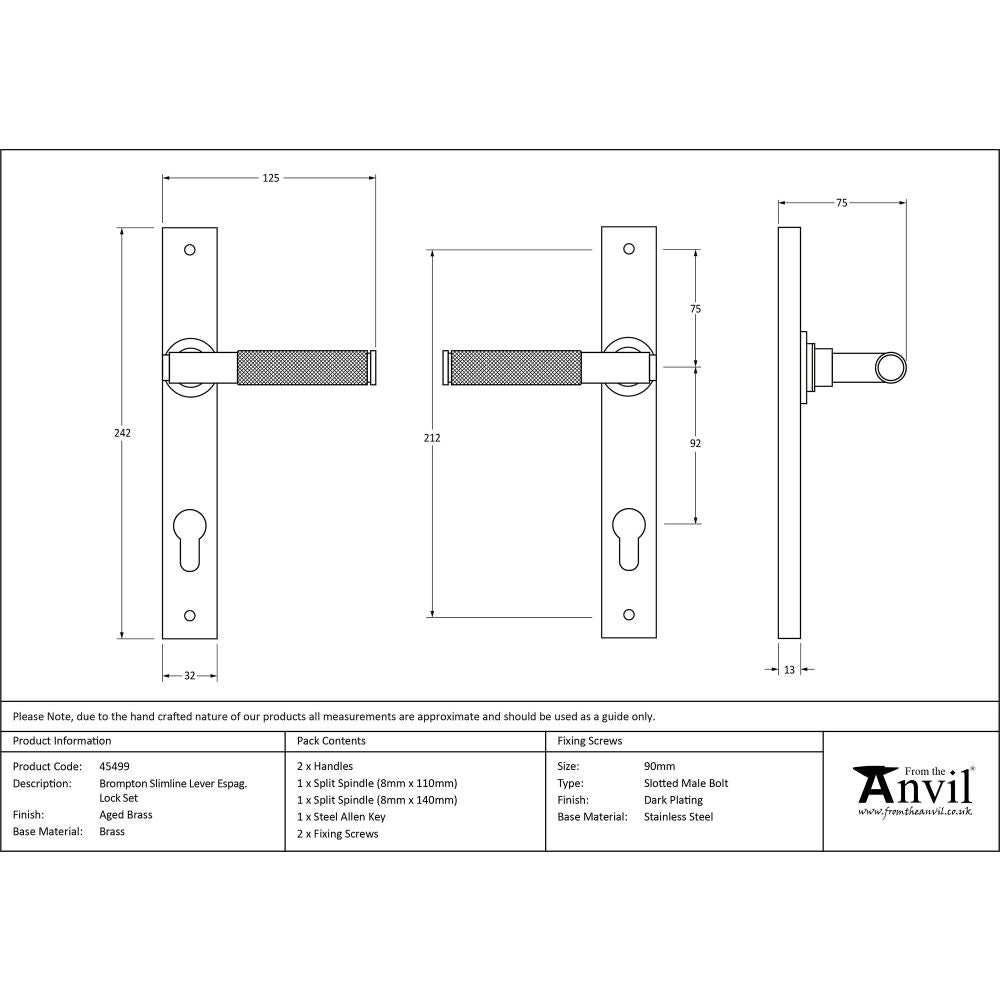 This is an image showing From The Anvil - Aged Brass Brompton Slimline Lever Espag. Lock Set available from trade door handles, quick delivery and discounted prices